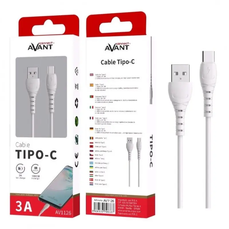 [AV1126] CABLE DE CARGA Y DATOS 3A 1M USB A TIPO-C BLANCO AVANT