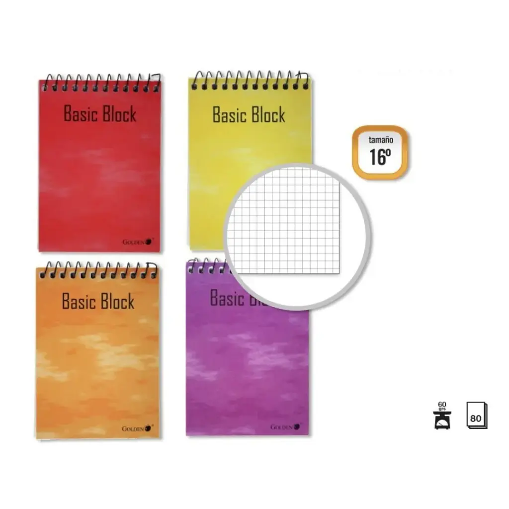 CUADERNO 16º, 80 HOJAS, 60 GRAMOS,  CUADROS 4x4, ANILLA SUPERIOR - GOLDEN -