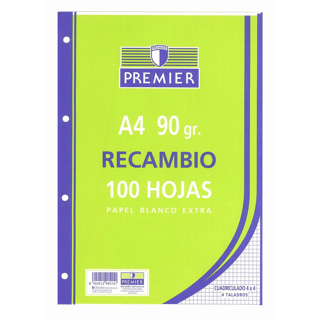 RECAMBIO PREMIER A4, 100 HOJAS, 90GR, 3X3MM, 4 TALADROS, PAPEL BLANCO EXTRA - ZORRILLA -