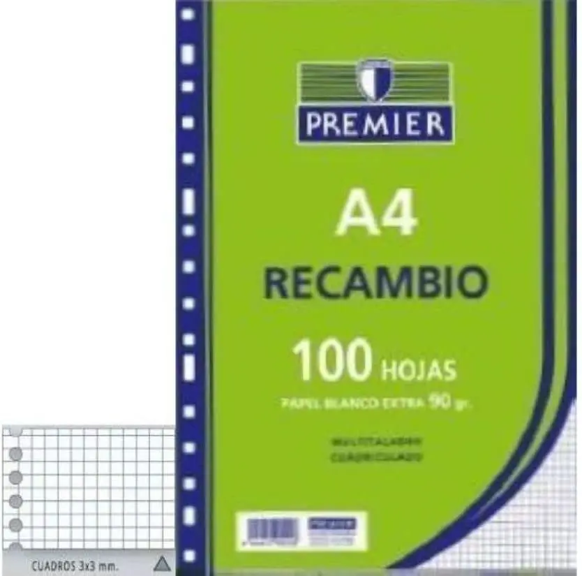 RECAMBIO PREMIER A4, 100 HOJAS, 90GR, 4X4MM, MULTITALADRO, PAPEL BLANCO - ZORRILLA -