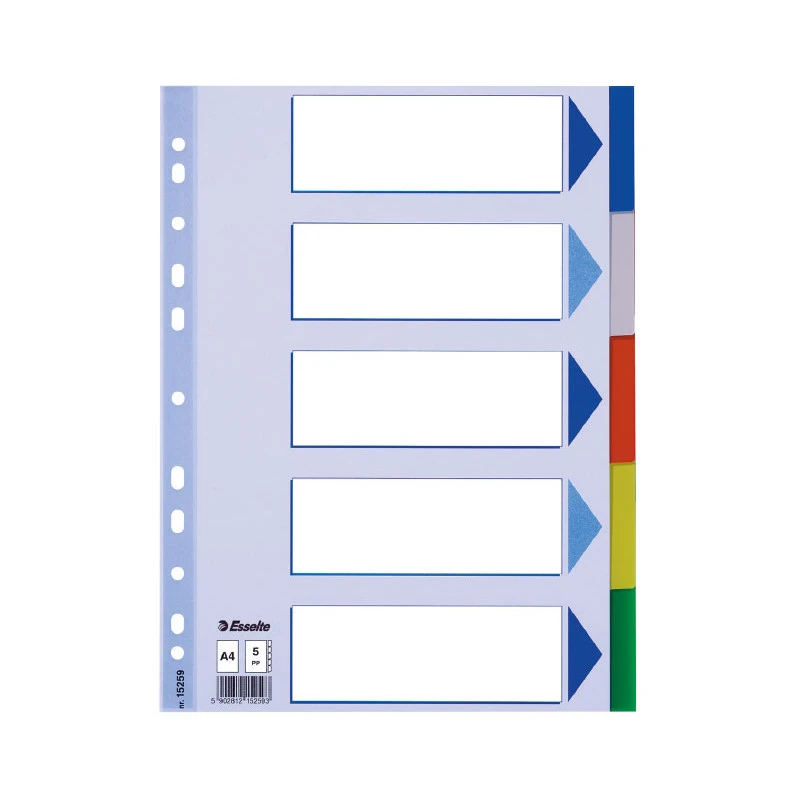 [11609] SEPARADORES 5 POSICIONES FOLIO PP COLORES CON CARÁTULA ÍNDICE CARTÓN BLANCO / NEGRO ESSELTE