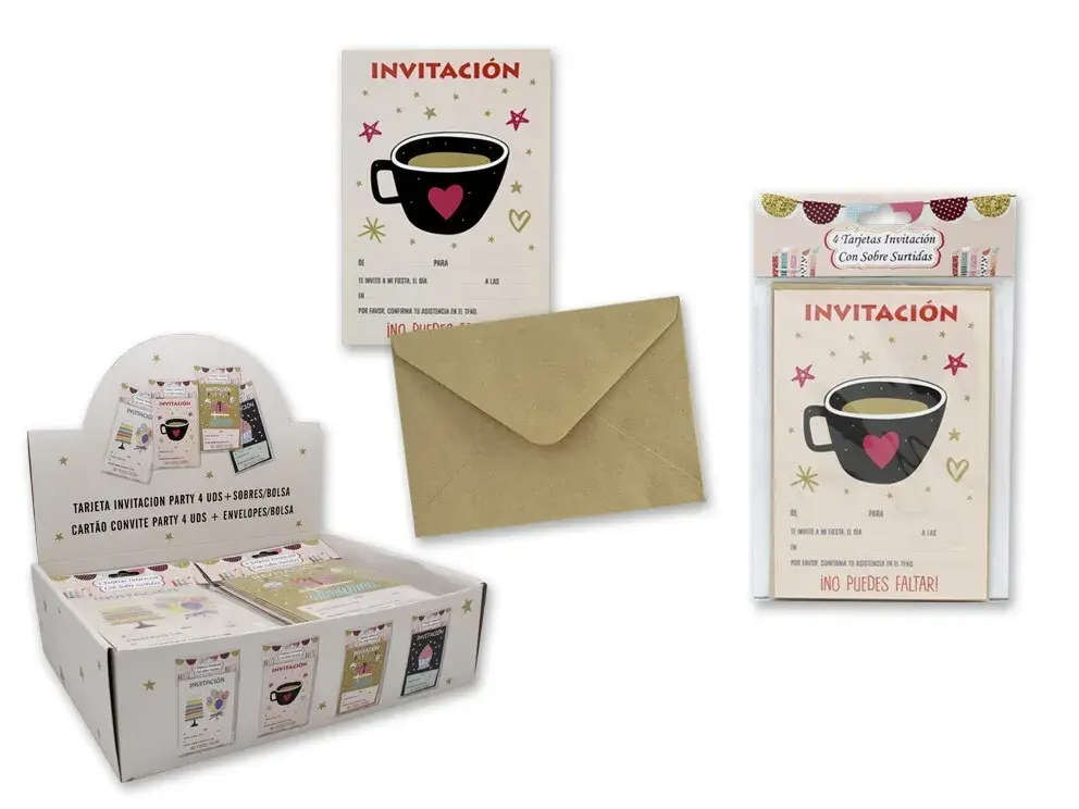 TARJETA INVITACION PARTY 4 UDS+SOBRES/BOLSA