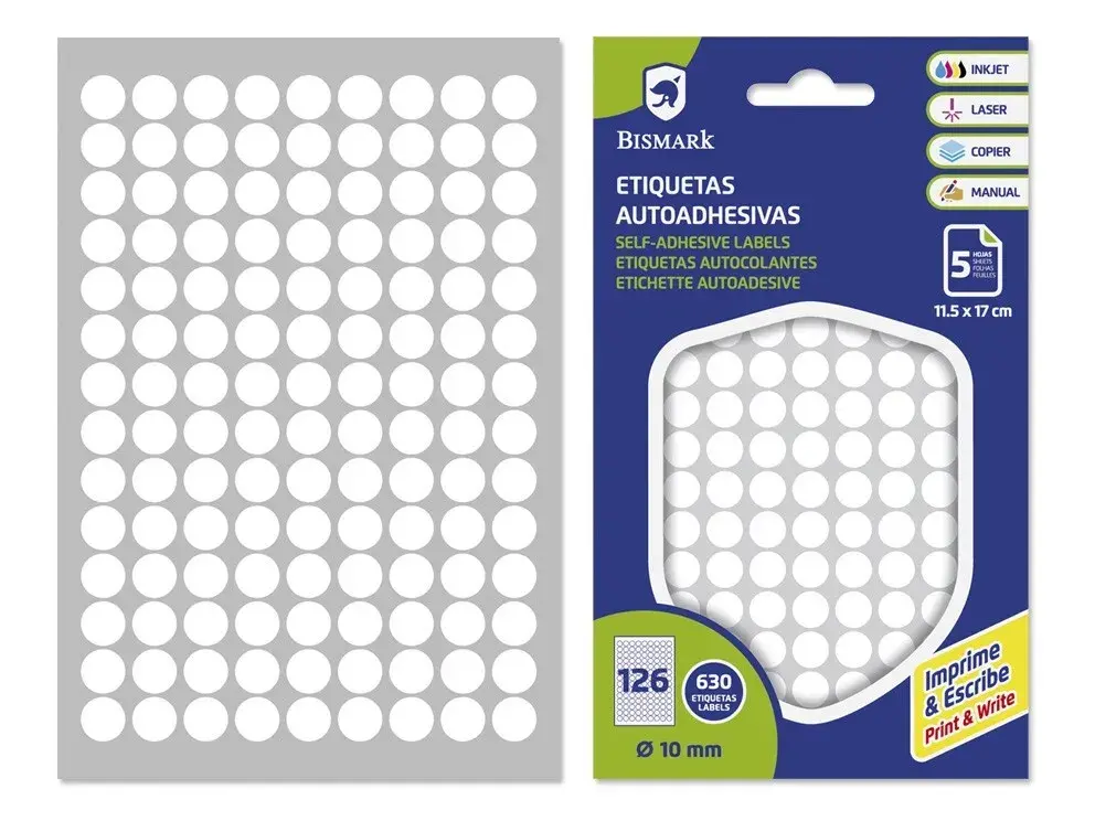 [330670] ETIQUETAS ADHESIVAS BLANCAS - REDONDAS - 5 hojas (Diámetro 10 mm)