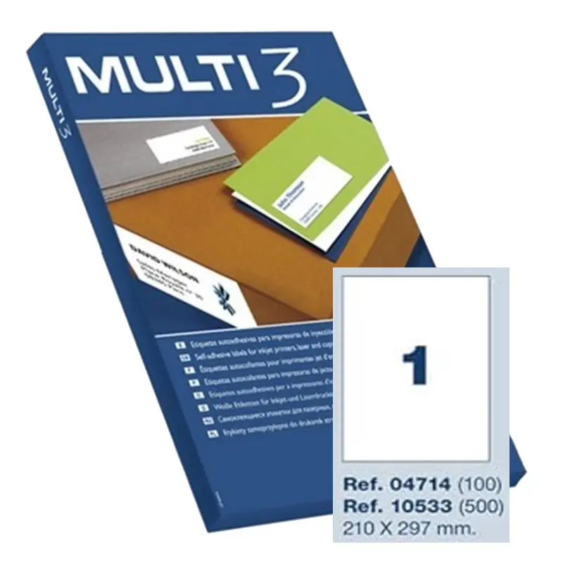 [04714] ETIQUETAS ADHESIVAS , inkjet, laser, cantos rectos , din A4, MULTI-3 (210 X 297 - DIN A4, 100 UNIDADES)