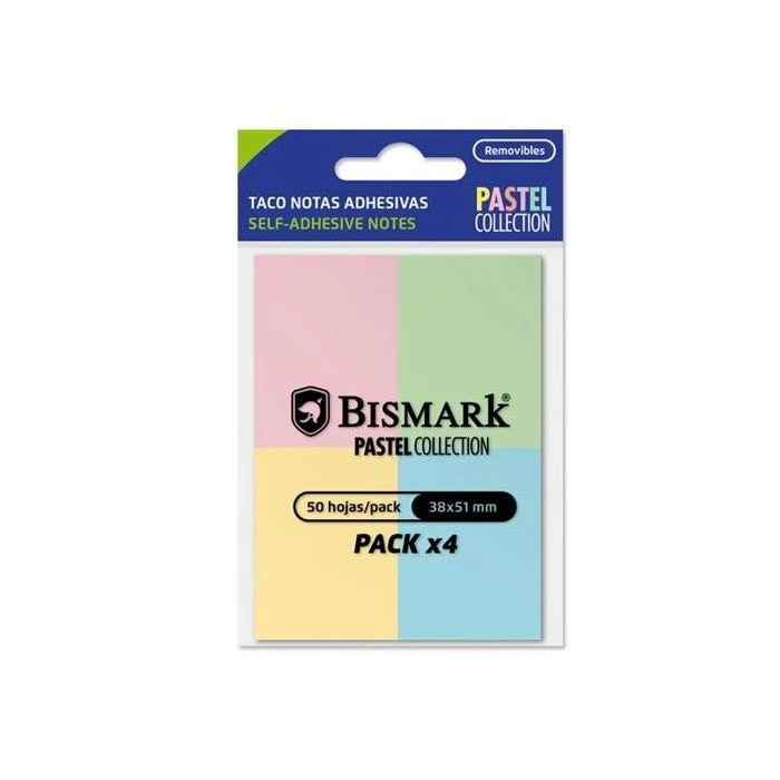 [921090] NOTAS ADHESIVAS PASTEL 50 HOJAS PACK X4 BISMARK