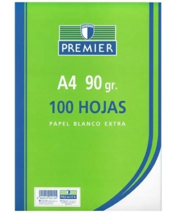 RECAMBIO PREMIER A4, 100 HOJAS, 90GR, LISO, 4 TALADROS, PAPEL BLANCO EXTRA  - ZORRILLA -