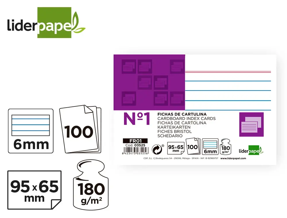 [3525] FICHAS DE CARTULINA LIDERPAPEL (nº 1 ,  95 x 65 mm)