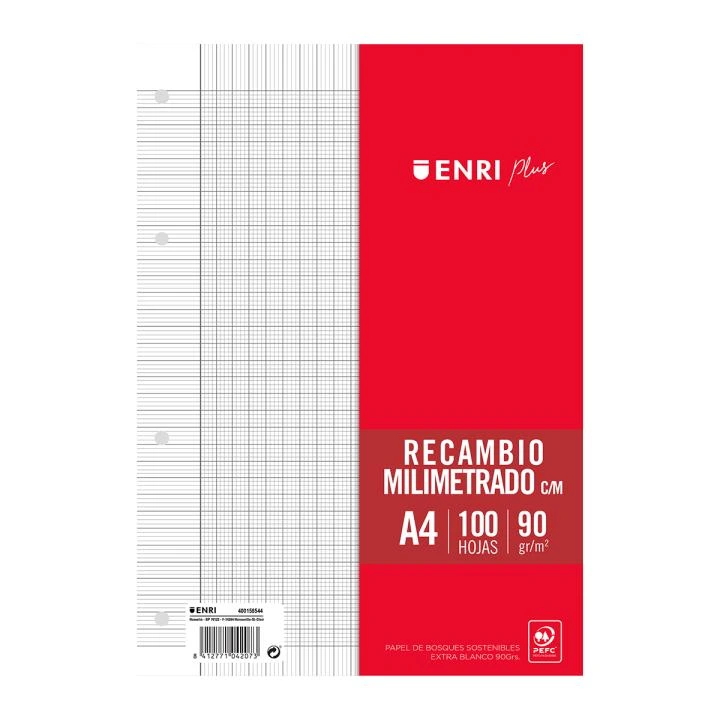 RECAMBIO PAPEL, MILIMETRADO, 100H A4 90GR, CON MARGEN, 4 TALADROS BLANCO - ENRI -