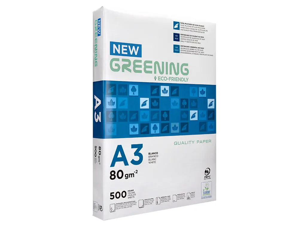 papel fotocopiadora greening DIN A3 , 80 gr , paquete 500 hojas 