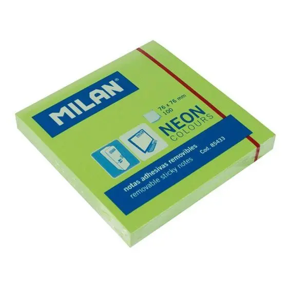 BLOC NOTAS ADHESIVAS REMOVIBLES 100H 76X76 VERDE FLUORESCENTE - MILAN -