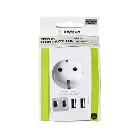 ADAPTADOR ENCHUFE SCHUKO BLANCO +2 X USB A+ 2 X USB TYPE C