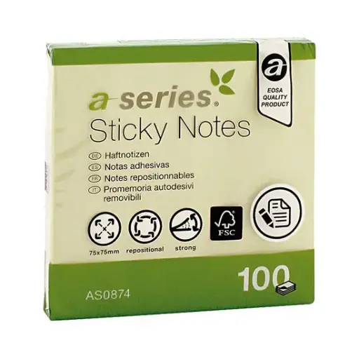 [AS0874] BLOC NOTAS ADHESIVAS 76X76 MM AMARILLAS 100 HOJAS - A SERIES -