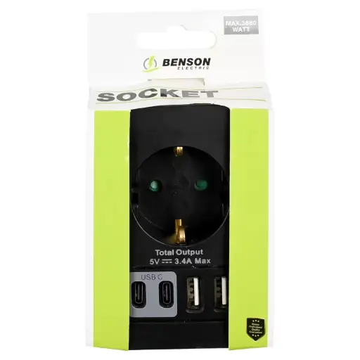 [15307/BS] ADAPTADOR ENCHUFE SCHUKO NEGRO +2 X USB A+ 2 X USB TYPEC
